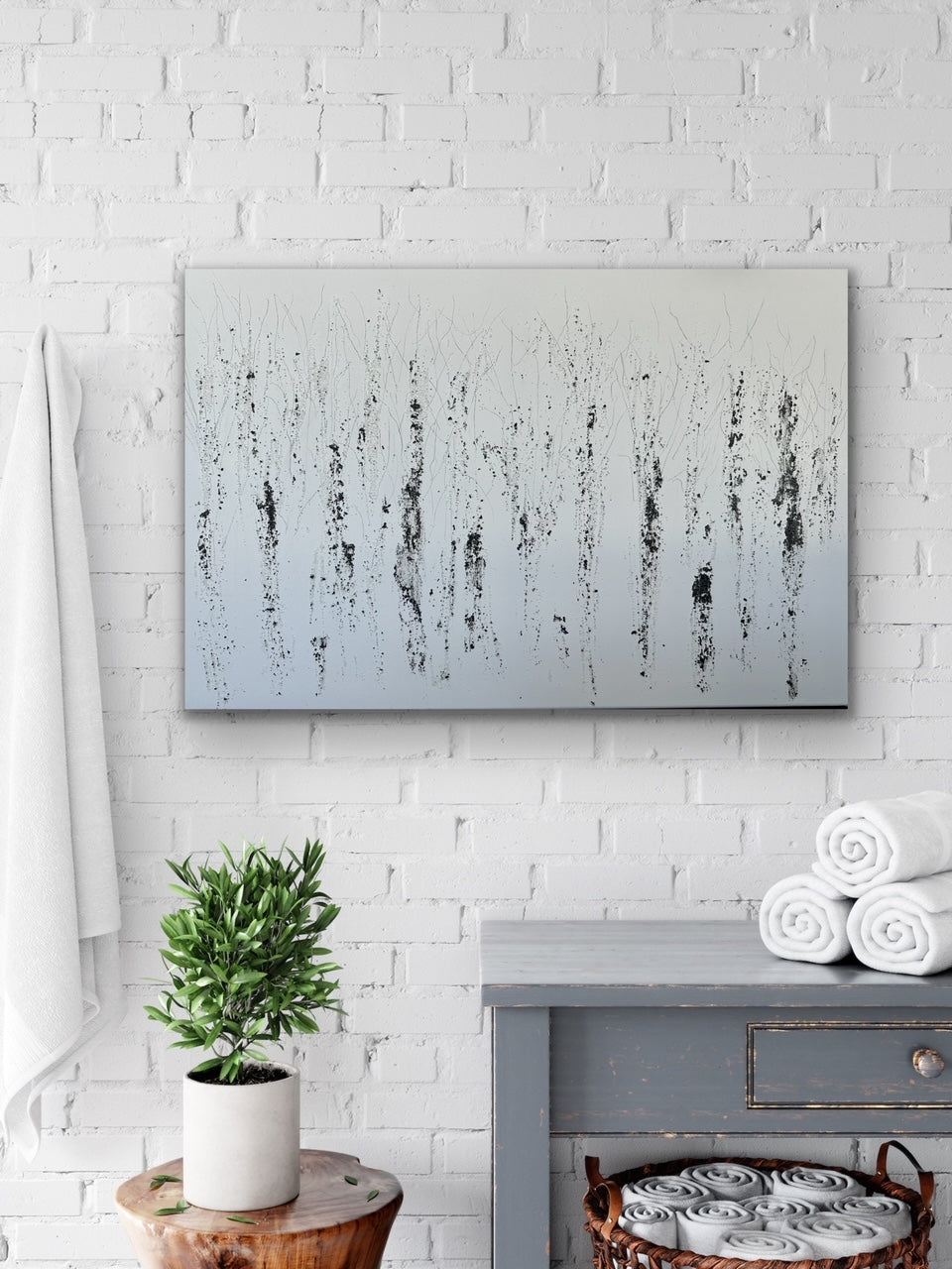 This painting captures the essence of the birch tree's symbolism, with its striking contrast of black and white and delicate glass bead details. It would make a stunning addition to any home or office, adding a touch of elegance and meaning to any space.
